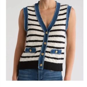Stylish Striped Knit White and Black Vest with Denim Trim and Gold Buttons